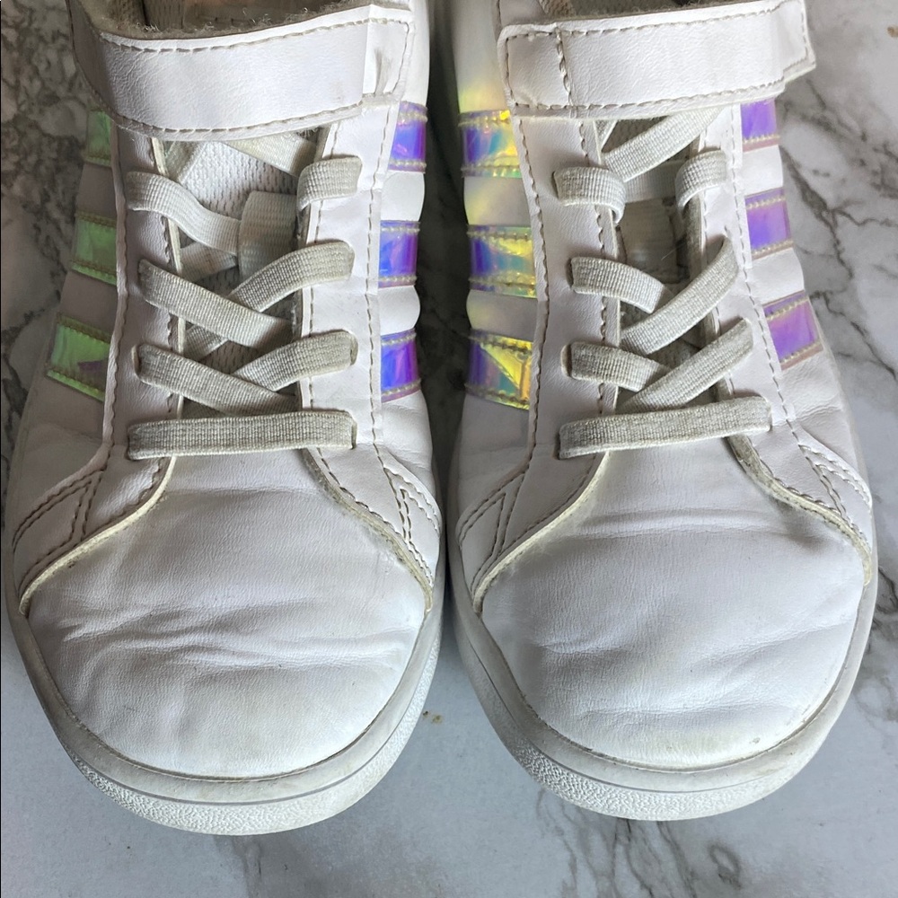Adidas Originals Superstar Kids White Sneakers with Iridescent Blue Stripes - Picture 6 of 10